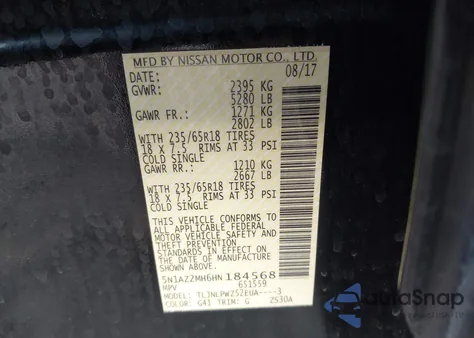 2017 Nissan Murano S z USA, uszkodzony, nr VIN 5N1AZ2MH6HN184568